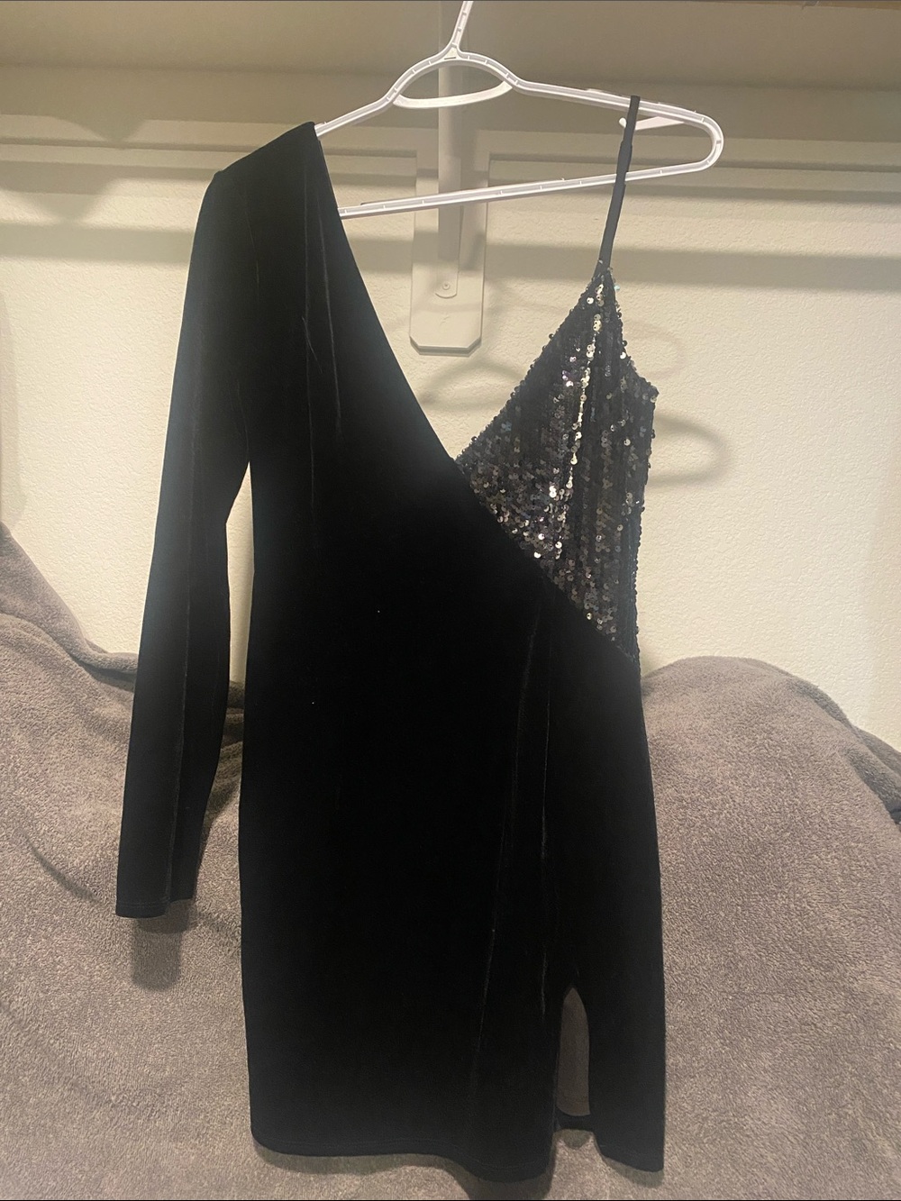 Black Asymmetrical One-Shoulder Sequin & Velvet Mini Dress